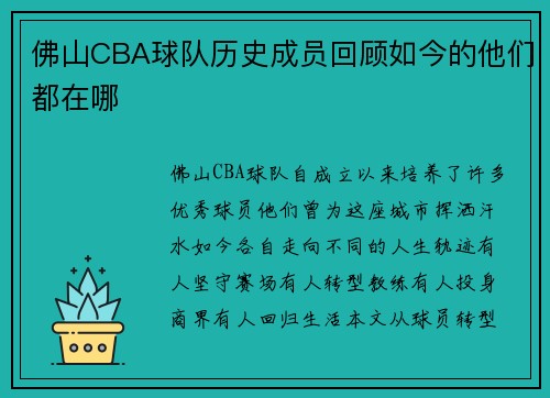 佛山CBA球队历史成员回顾如今的他们都在哪