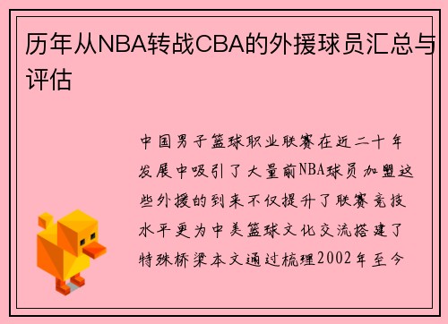 历年从NBA转战CBA的外援球员汇总与评估